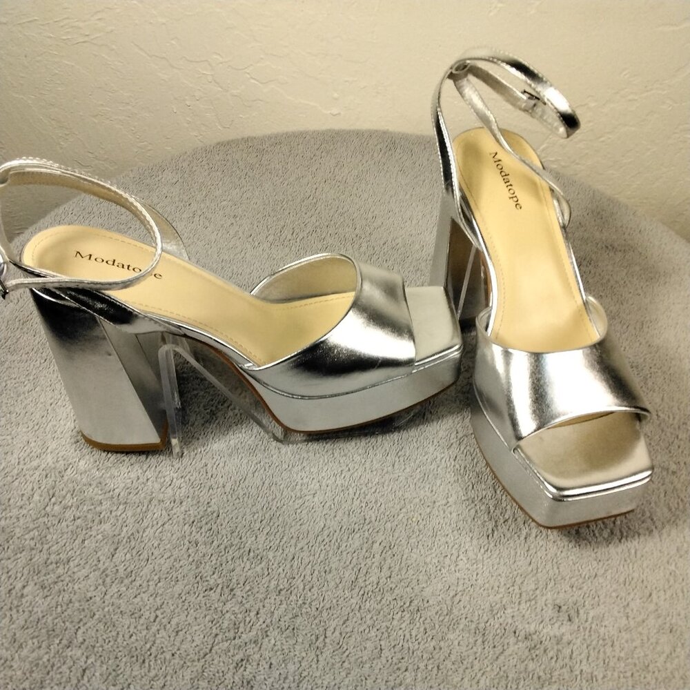 Modatop Silver Platform Block Heel Sandals